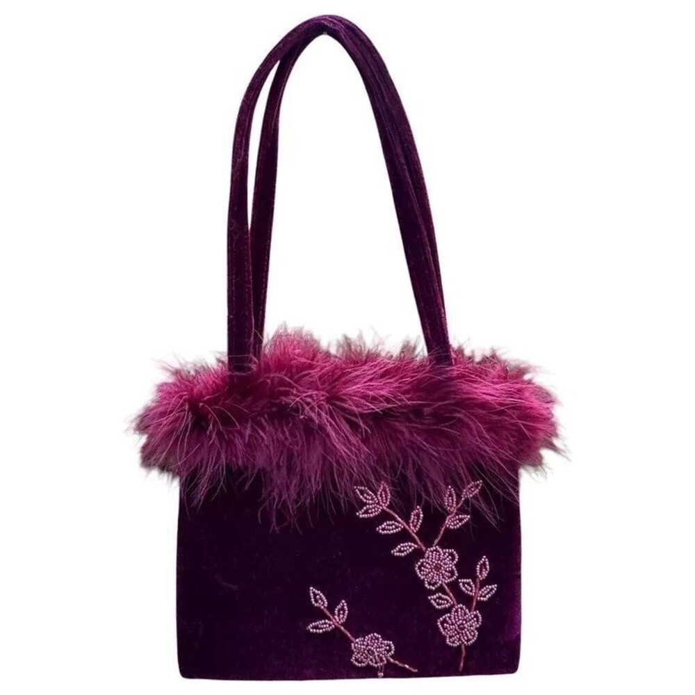 April Cornell Burgundy Velvet Marabou Feather Trim Beaded Floral Bag Y2K 90s